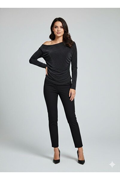 marvion Kadın Kayık Yaka Asimetrik Kesim Simli Bluz