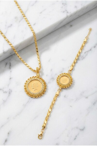 FerizZ Altın Kaplama Arpa Zincirli Yarım Altınlı Kolye Ve Çeyrek Altınlı Bile...
