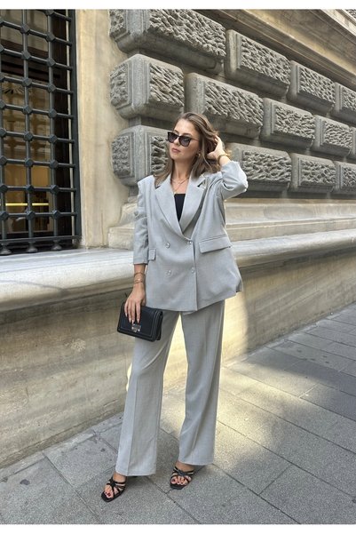 asfamoda Women's Light Gray Oversize Double-Breasted Blazer Jacket Double Button Office Stylish Classic Jacket