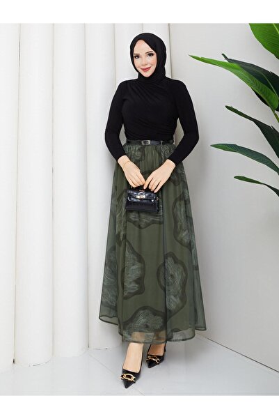 Güba Ticaret تنورة طويلة من الشيفون بطباعة رقمية للنساء - خصر مرتفع، مبطنة، م...