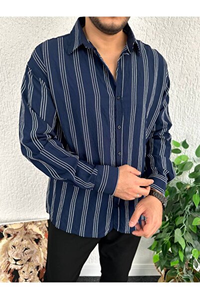 tetramoda Men's Oversize Patterned Shirt with Stripe Detail