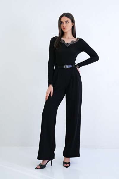 Trend Alaçatı Stili Women's Black Double Pocket Belted Pleated Detailed Knitt...