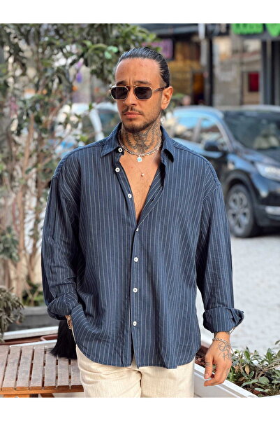 manch collection Oversize Striped Linen Shirt Navy Blue