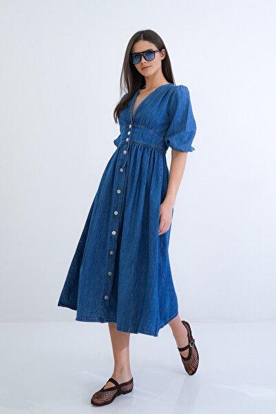 Trend Alaçatı Stili Women's Blue V-Neck Corsage Detailed Buttoned Front Jean ...