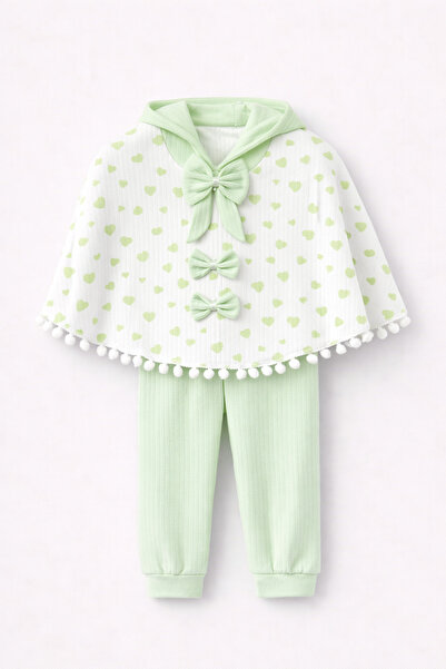 mini kanka Pompom Detailed Heart Patterned Baby Poncho Set Long Sleeve Badi 0...