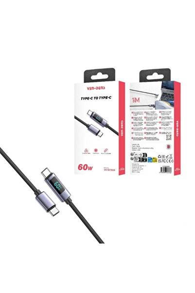 VEN-DENS كابل شحن ونقل بيانات سريع من النوع C إلى النوع C بقدرة 60 واط مع شاش...