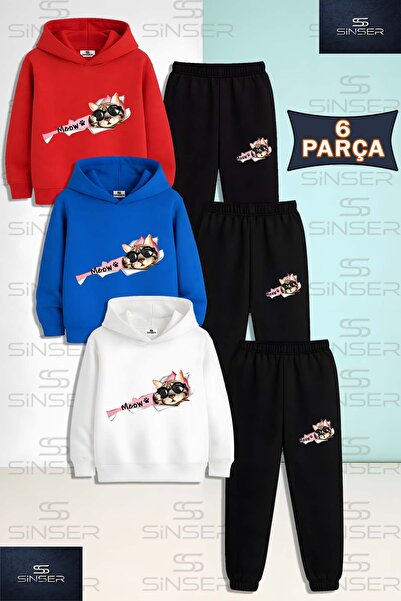 SS SİNSER Children's Unisex Cat Pink Meav 3-Piece Hooded Tracksuit Set