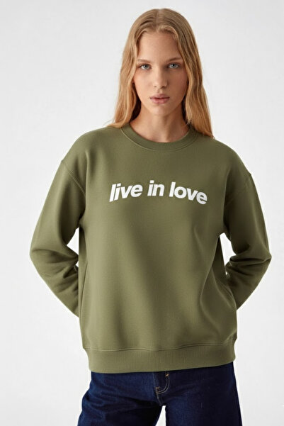 COMBİNE MİCHAİL Kadın Live İn Love Baskılı Haki Sweatshirt