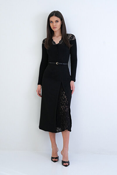 Trend Alaçatı Stili Kadın Siyah Gizli Fermuarlı Yırtmacı Dantel Detaylı Maxi ...