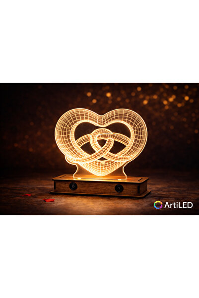 ARTILED 3D Alyanslı Kalp LED Masa Lambası | Ahşap Tabanlı | Romantik Dekorati...