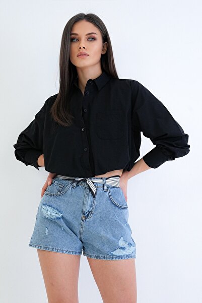 Trend Alaçatı Stili Women's Black Wide Cuff Lined Balloon Cut Woven Crop Shir...