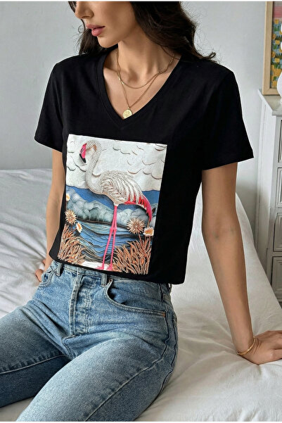 FEMELLE Tricou negru cu decolteu în V, brodat cu flamingo, 100% bumbac