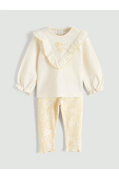 LC Waikiki Lcw Baby Beige Floral Ruffle Baby Girl Blouse and Leggings