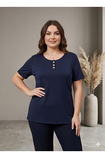 OYERGA MODA Women's Plus Size Basic Button Detailed Short Sleeve T-Shirt