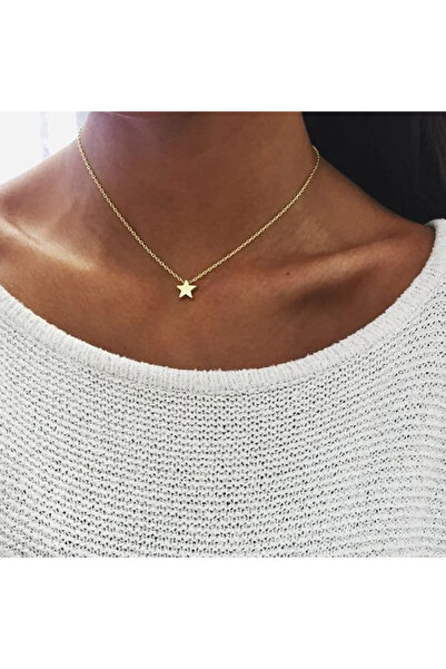 Çelik Altın Rengi Yıldız Motifli Şık Kadın Kolye