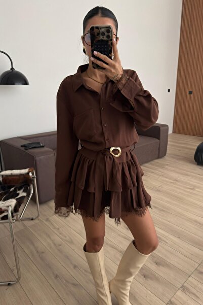 mega lucky Women's Brown Belted Mini Dress with Lace Detail