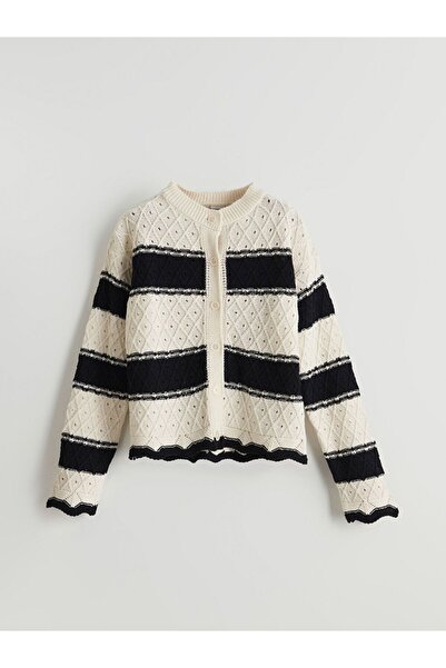 LC Waikiki Lcw Kids Ecru Crew Neck Openwork Girl's Knitwear Cardigan
