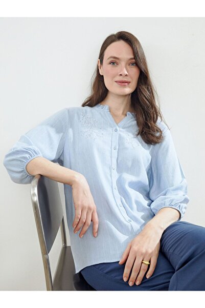 LC Waikiki Lcw Grace Blue Collared Floral Linen Blend Women's Blouse