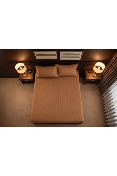 Cuvertură de pat cu elastic + 2 fețe de pernă, 180x200, damasc din bumbac , culoare cappuccino miniatura 3