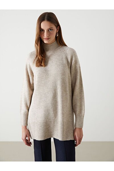 LC Waikiki Lcw Modest Ecru High Collar Oversize Women's Knitwear Tunic