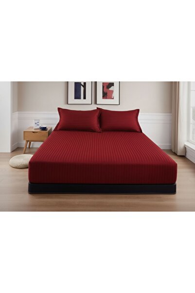 Cuvertură de pat cu elastic + 2 fețe de pernă, 180x200 cm, damasc din bumbac , culoare cireș miniatura 2