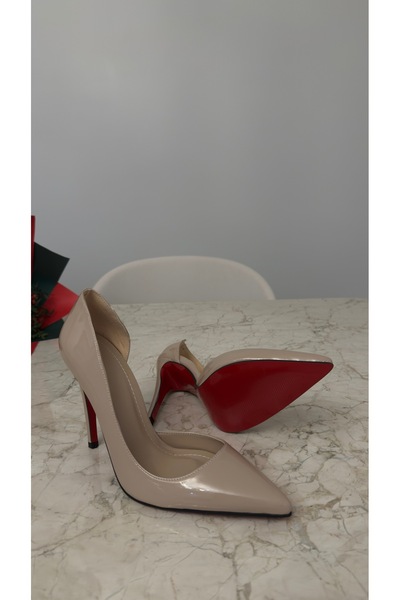 MYVOLANTE Pantofi clasici cu toc din piele lacuita bej, deschiși pe lateral -...