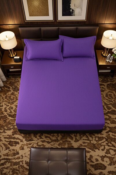 Cuvertură de pat cu elastic + 2 fețe de pernă, 180x200 cm, damasc din bumbac , violet închis miniatura 3