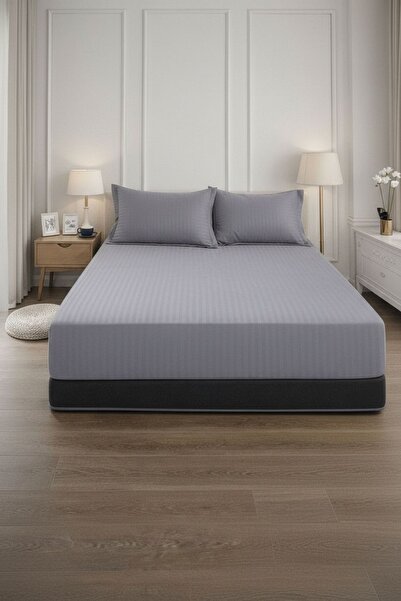 Cuvertură de pat cu elastic + 2 fețe de pernă, 180x200 cm, damasc din bumbac , gri antracit miniatura 2