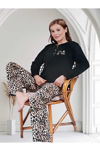 Miss Melina Big Size 100% Cotton Long Sleeve Women's Pajama Set Leopard