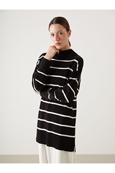 LC Waikiki Lcw Modest Black Stand Collar Striped Women's Knitwear Tunic