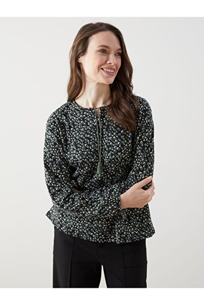 LC Waikiki Lcw Grace Black Lace-Up Collar Print Women's Blouse