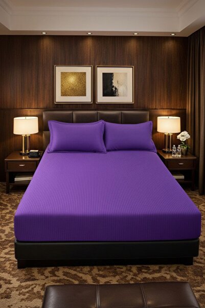 Cuvertură de pat cu elastic + 2 fețe de pernă, 180x200 cm, damasc din bumbac , violet închis miniatura 2