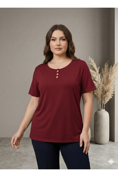 OYERGA MODA Women's Plus Size Basic Button Detailed Short Sleeve T-Shirt