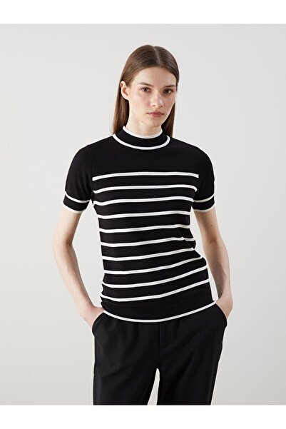LC Waikiki Lcw Modest Black Stand Collar Striped Women's Knitwear Sweater