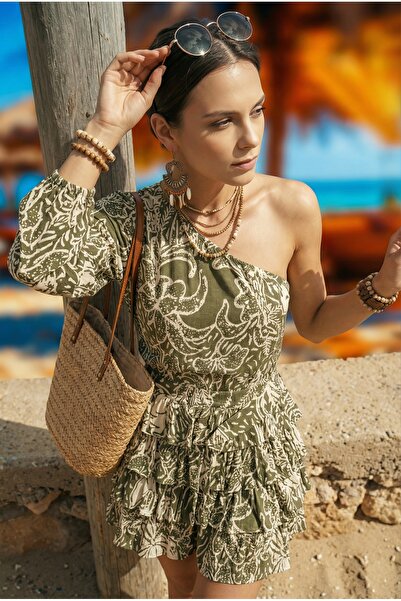 FASHION COCKTAIL Safari One-Shoulder Ethnic Textured Flowing Layered Vacation...