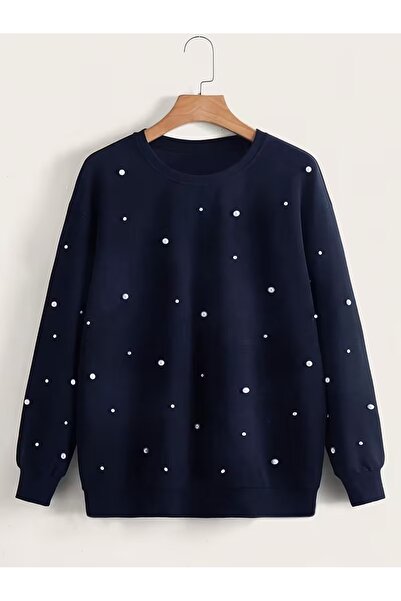 WESTİMO سويت شيرت نسائي ذو ياقة دائرية كبير الحجم مزين بالخرز باللون الأزرق ا...