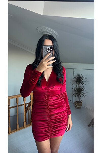Dber V-neck velvet dress with pleates