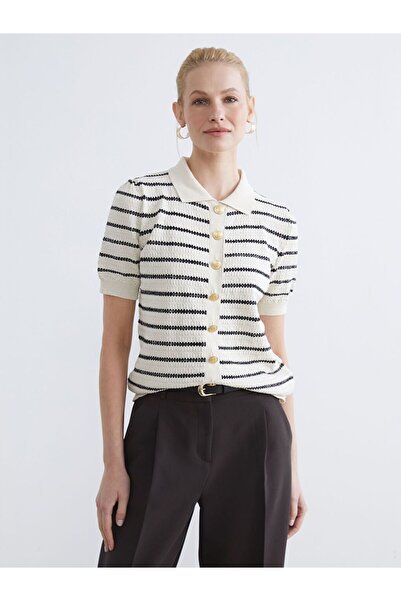 LC Waikiki Polo Collar Striped Women's Knitwear Cardigan