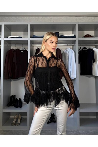 Miss Beyoğlu Women's Spanish Sleeve Lace Shirt with Inner Undershirt