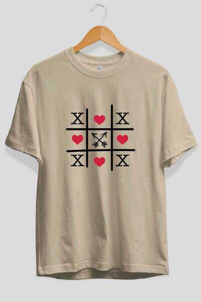 Ankhises Tic Tac Love Front Printed Beige Oversize T-Shirt Men Women Cotton C...