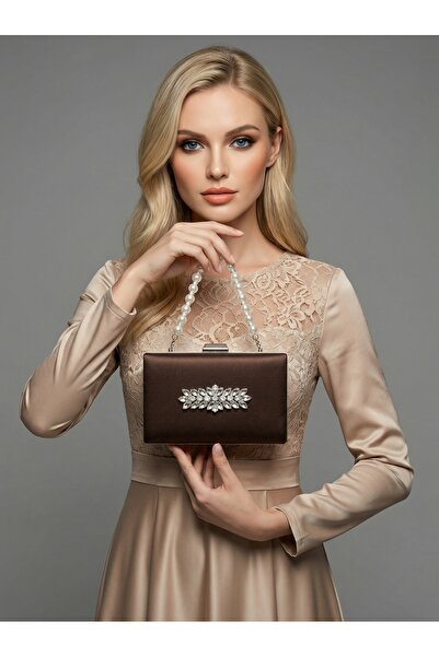 Biçanta Brown Z.A.R.A. Satin Crystal Stone Embroidered Chain Women's Evening ...