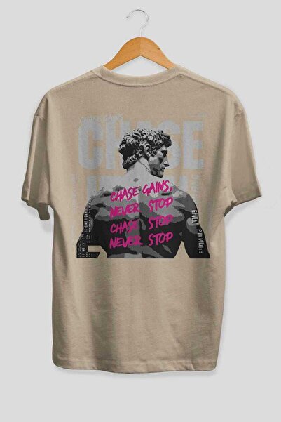 Ankhises Tricou Chase Gains cu imprimeu pe spate, bej, supradimensionat, pent...