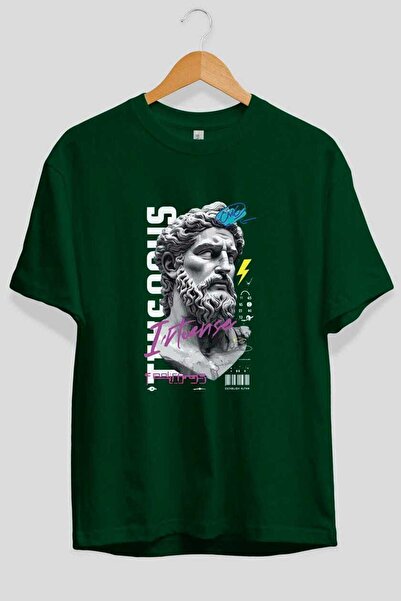 Ankhises Tricou oversize verde cu imprimeu frontal Zeus Intense, pentru bărba...