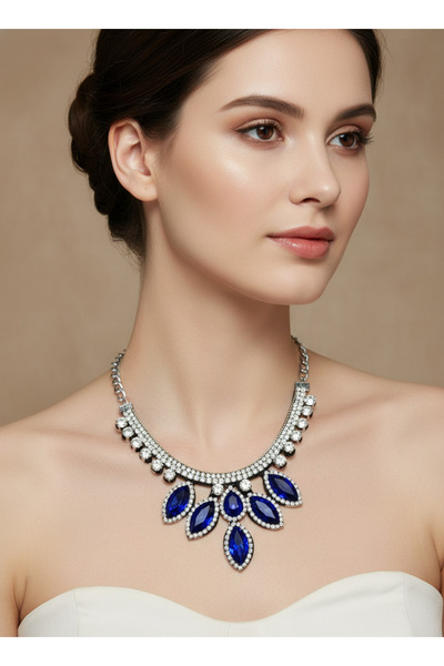 Moda Accessories Zircon Stone Navy Blue Evening Dress Necklace – Special Desi...