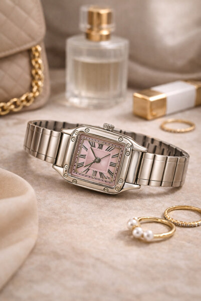 matheon ساعة يد نسائية بقرص وردي |   سلك معدني فضي |   تصميم مربع عتيق الطراز