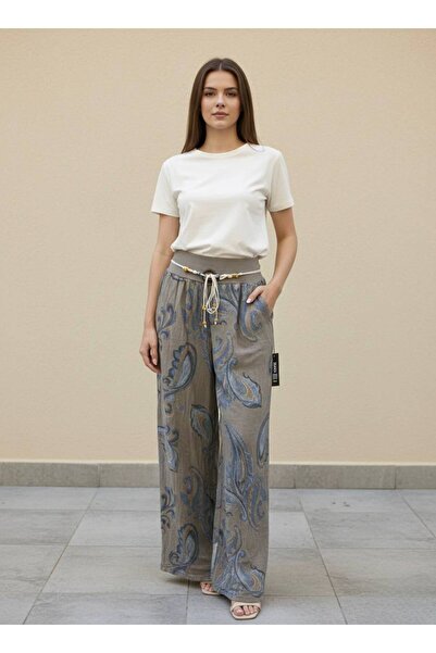 Rabiossa Kadın Şal Desenli İtalyan Keten bohem Pantolon