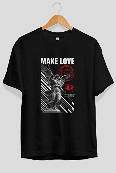 Ankhises Tricou negru oversize cu imprimeu Make Love pentru bărbați și femei,...