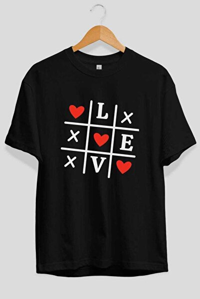 Ankhises Love xoxo Tricou negru oversize imprimat pe față Bărbați Femei Trico...