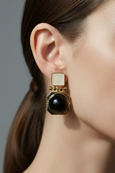 BHR AKSESUAR Cream Black Enamel Earrings (4.5 cm)
