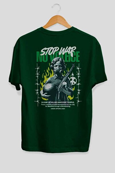 Ankhises Tricou oversize verde cu imprimeu pe spate Stop War, pentru bărbați ...